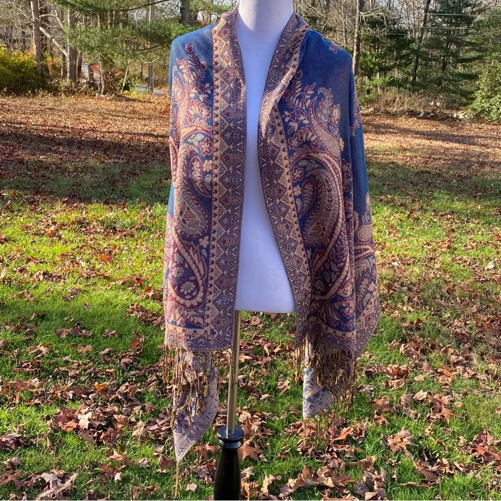 WAVERLY CELEBRATIONS SCARF WRAP PASHMINA BLUE TAN RED FLORAL PAISLEY LARGE